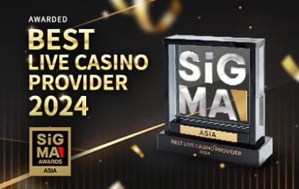 Image of an award trophy with the text 'Awarded Best Live Casino Provider 2024' and 'SiGMA Asia' prominently displayed.