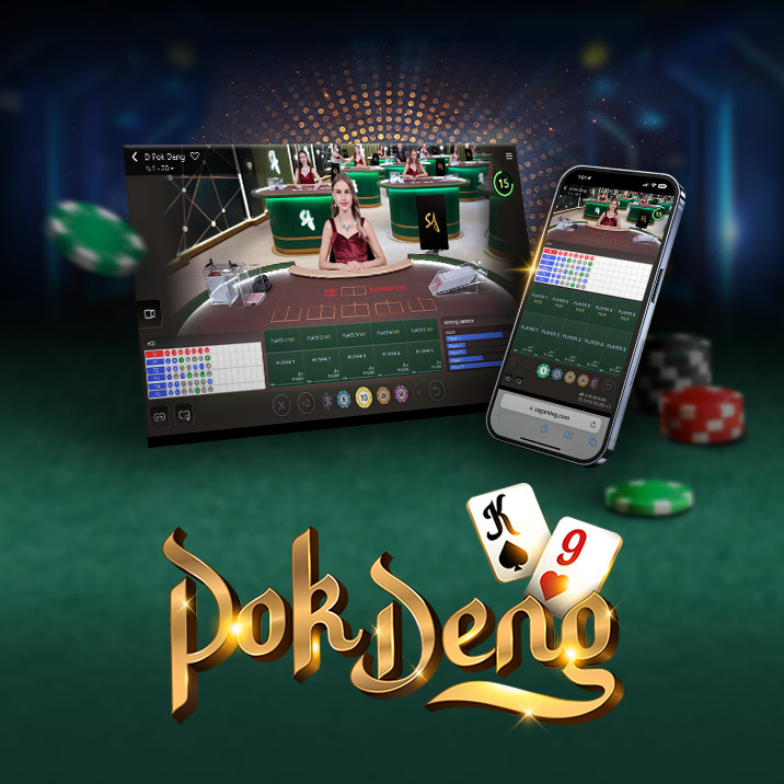 Image for an online Pok Deng game featuring a dealer at a casino table on the left and a mobile interface on the right. The text 'POK DENG' is prominently displayed at the bottom, with colorful poker chips and game cards surrounding the scene.