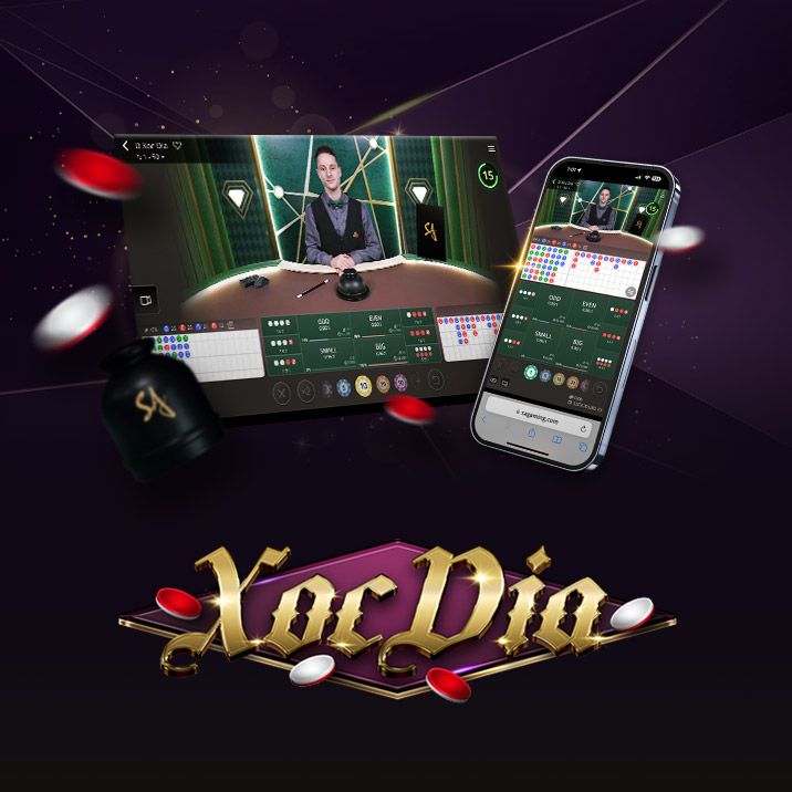 Image for an online Xoc Dia game featuring a dealer at a gaming table on the left and a mobile interface on the right. The text 'XOC DIA' is prominently displayed at the bottom, surrounded by colorful gaming chips and betting options.