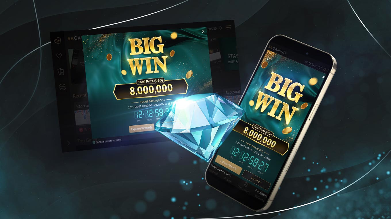 A promotional image displaying a 'BIG WIN' announcement with a total prize of 8,000,000. The design features a large diamond in the foreground. In the background, a smartphone and a tablet show the same 'BIG WIN' message and countdown timer, all set against a sleek, dynamic background.